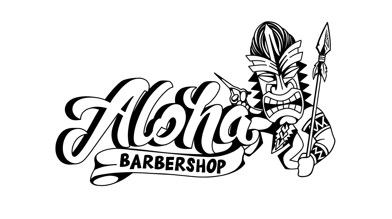 Aloha Barbershop logo: hand lettered Aloha script over a BARBERSHOP ribbon with a tiki warrior holding a spear and scissors